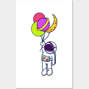 Astronaut Flying With Planet Balloons Posters and Art